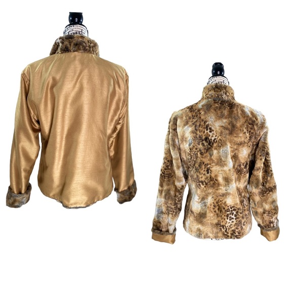 Boutique - Reversible Shantung Taffeta Brilliant Gold Ultra-Soft Faux Fur Coat M - Picture 5 of 16